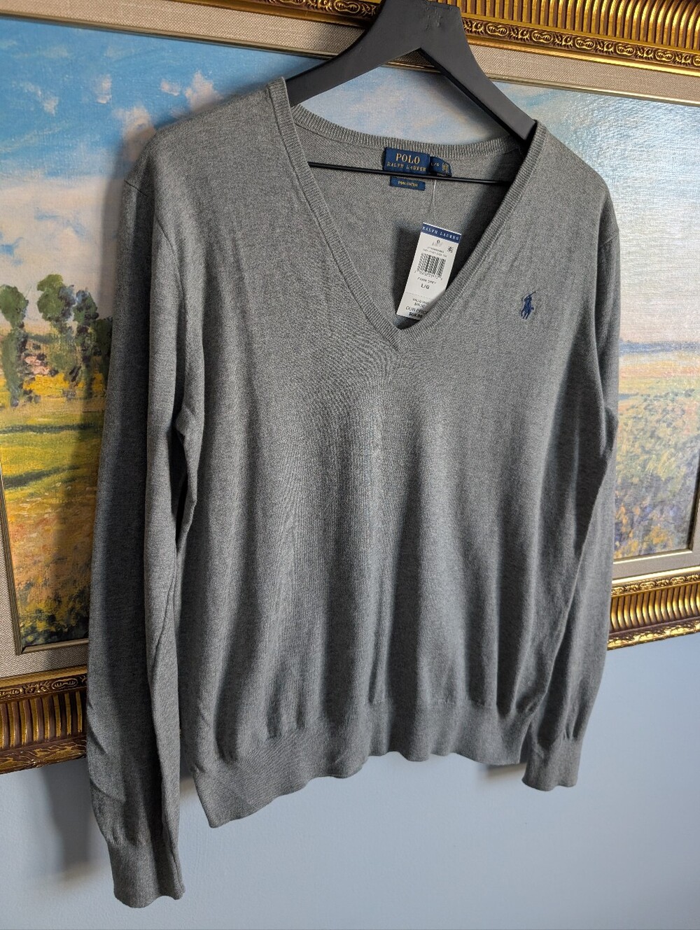 Ralph Lauren Gray V-Neck Sweater with Navy Pony